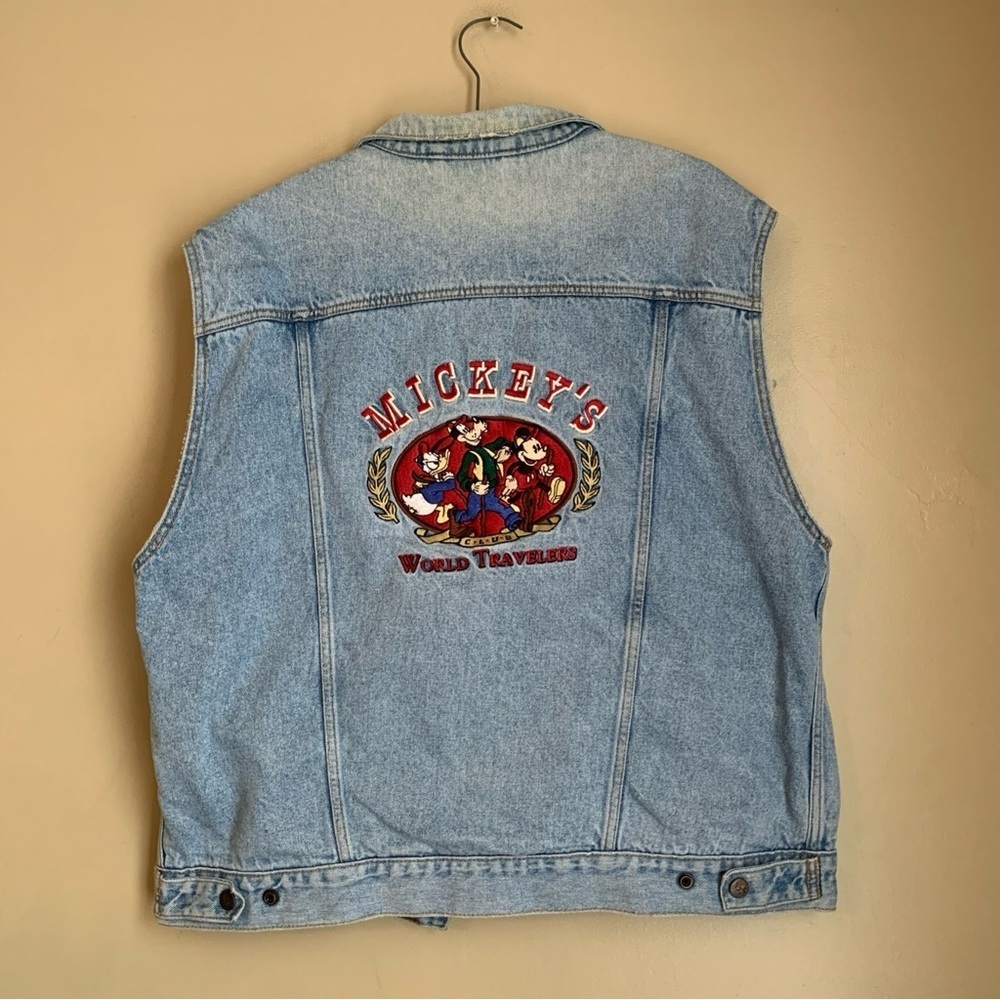 Vtg Mickey Inc Jean Reversible Disney World Travelers Denim Vest XL Disney Parks